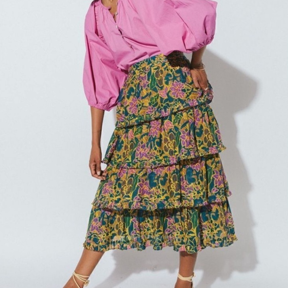 Cleobella Lana Ruffle Tiered Midi Skirt in Indoblockprint